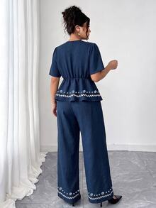 GlowEve CURVE Plus Size Navy Blue Printed Tie-Front Top & Wide Leg Pants 2 Pieces Set - Navy Blue - View 2