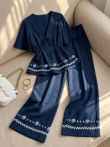 GlowEve CURVE Plus Size Navy Blue Printed Tie-Front Top & Wide Leg Pants 2 Pieces Set - Navy Blue - View 1