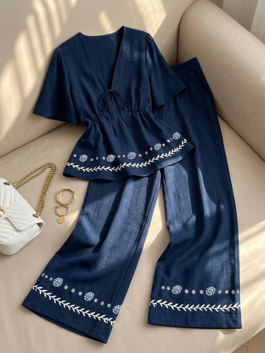 GlowEve CURVE Plus Size Navy Blue Printed Tie-Front Top & Wide Leg Pants 2 Pieces Set - Navy Blue - View 1