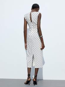 Maija Women's Polka Dot Print Round Neck Cap Sleeve Fitted Long Dress,Work Dress,Going Out Outfits - White - View 3