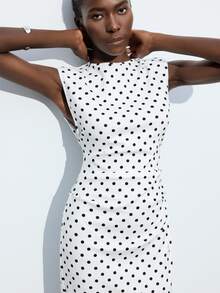 Maija Women's Polka Dot Print Round Neck Cap Sleeve Fitted Long Dress,Work Dress,Going Out Outfits - White - View 6