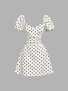 SHEIN MOD 女款黑白波點迷你洋裝，心形領泡泡袖 A 字版型溜冰裙，抓皺腰線，復古法式浪漫野餐日系夏季穿搭 - 黑與白 - 查看 3