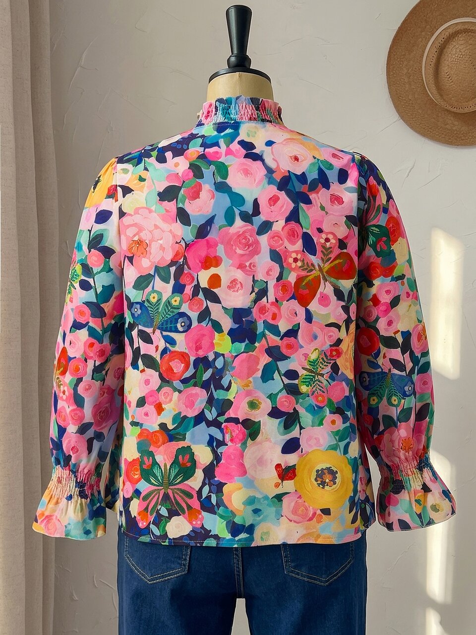 Plus Size Women's Vintage Boho Gothic Floral Print Notch V-Neck Long Sleeve Ruffle Trim Loose Fit Blouse Casual Vacation Autumn Date Night Light Pink