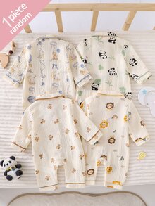 SHEIN Vintaside Kids 1 buah Jumpsuit Bayi Baru Lahir Nyaman Lembut Hangat Motif Singa, Panda, Bulan, Kelinci Warna Beige dengan Kerah, Kancing Depan, Lengan Panjang, dan Lis Kontras - MultiWarna - View 2