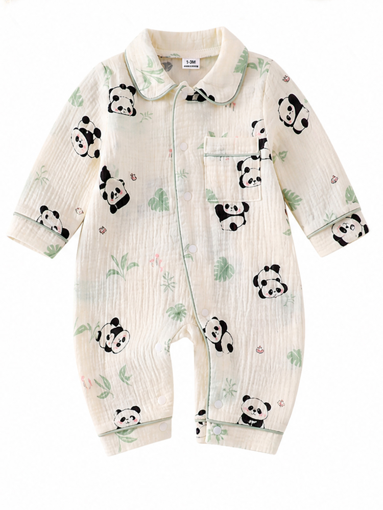 SHEIN Vintaside Kids Random 1pc Newborn Baby Comfortable Soft Cozy Beige Lion Panda Bear Moon Rabbit Print Pattern Collared Button-Front Long Sleeve Contrast Binding Jumpsuit - Multicolor - View 7