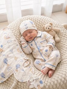 SHEIN Vintaside Kids 1 buah Jumpsuit Bayi Baru Lahir Nyaman Lembut Hangat Motif Singa, Panda, Bulan, Kelinci Warna Beige dengan Kerah, Kancing Depan, Lengan Panjang, dan Lis Kontras - MultiWarna - View 1