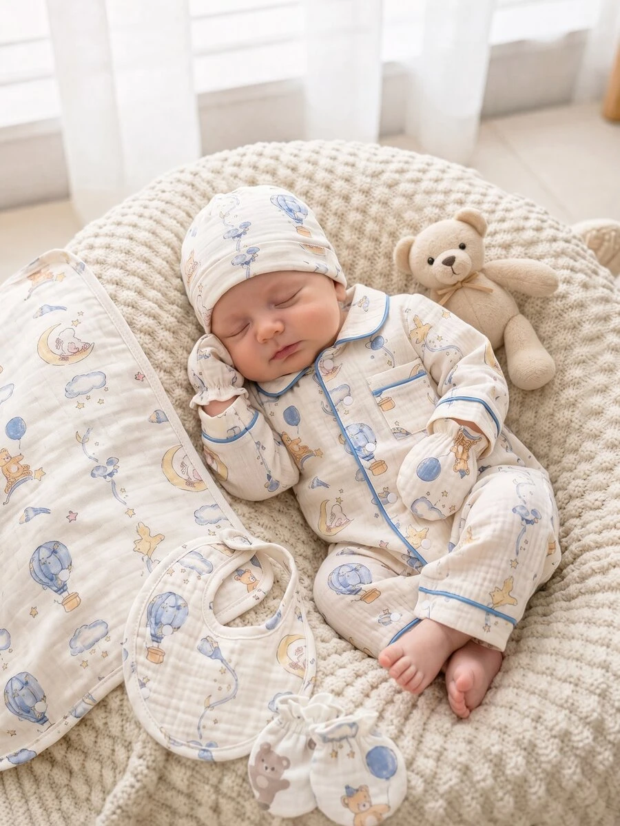 SHEIN Vintaside Kids 1 buah Jumpsuit Bayi Baru Lahir Nyaman Lembut Hangat Motif Singa, Panda, Bulan, Kelinci Warna Beige dengan Kerah, Kancing Depan, Lengan Panjang, dan Lis Kontras - MultiWarna - View 1