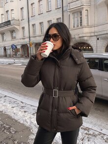 Aloruh Women Brown Color Pocket And Zipper Detailed Regular Fit Hooded Puffer Wintercoats - Chocolate Brown - View 7