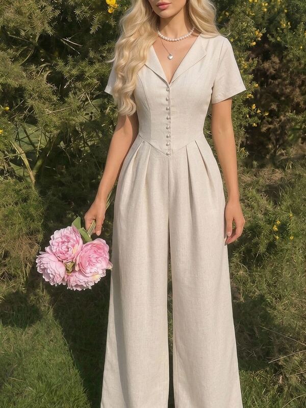 SHEIN MOD Jumpsuit nữ màu trơn thiết kế cúc tay ngắn xếp ly ống rộng phong cách Pháp thanh lịch cho đi biển mùa hè màu trắng.Halloween.Quay lại trường học.