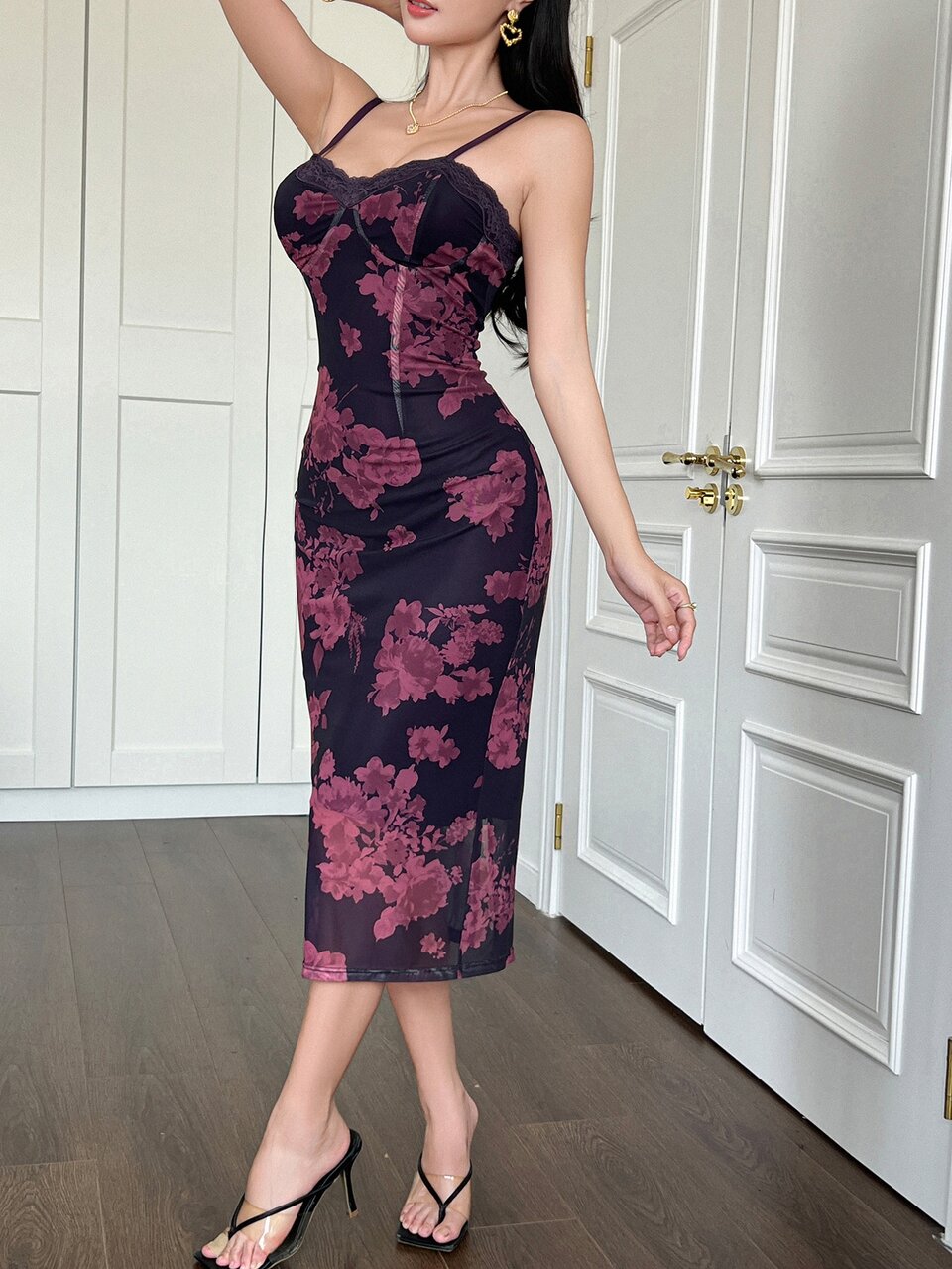 1pc Women's Floral Print Spaghetti Strap Lace-Up Slit Midi Dress Elegant Sundress Easter