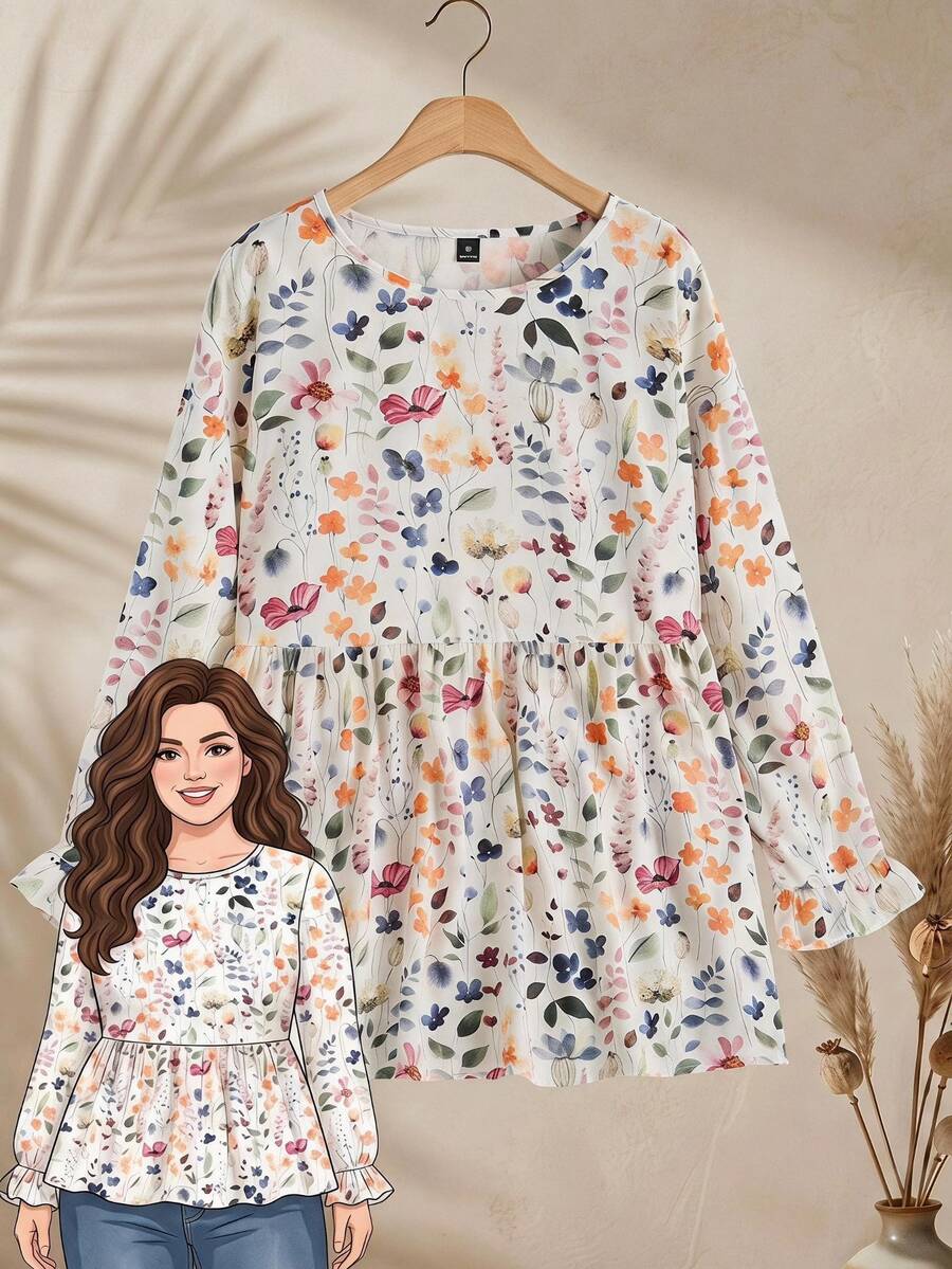 Rusticease Plus Size Women's Floral Print Round Neck Long Sleeve Ruffle Hem Loose Fit Blouse Casual Bohemian Boho 1960s Gothic Formal Party Autumn Beige - Multicolor - View 1
