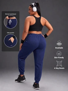 Powerista Women's Plus Size Summer And Spring Mid-Rise Navy Outdoor Jogger Pants With Drawstring Waist And Side Pockets Casual And Comfortable Outdoor Wear - Navy Blue - View 3