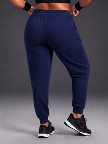 Powerista Women's Plus Size Summer And Spring Mid-Rise Navy Outdoor Jogger Pants With Drawstring Waist And Side Pockets Casual And Comfortable Outdoor Wear - Navy Blue - View 6