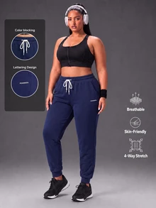 Powerista Women's Plus Size Summer And Spring Mid-Rise Navy Outdoor Jogger Pants With Drawstring Waist And Side Pockets Casual And Comfortable Outdoor Wear - Navy Blue - View 2