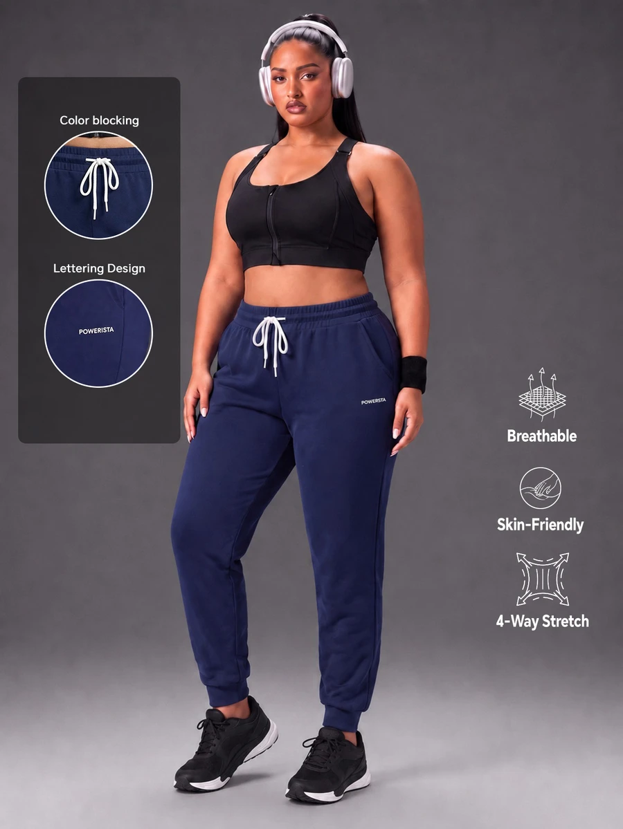 Powerista Women's Plus Size Summer And Spring Mid-Rise Navy Outdoor Jogger Pants With Drawstring Waist And Side Pockets Casual And Comfortable Outdoor Wear