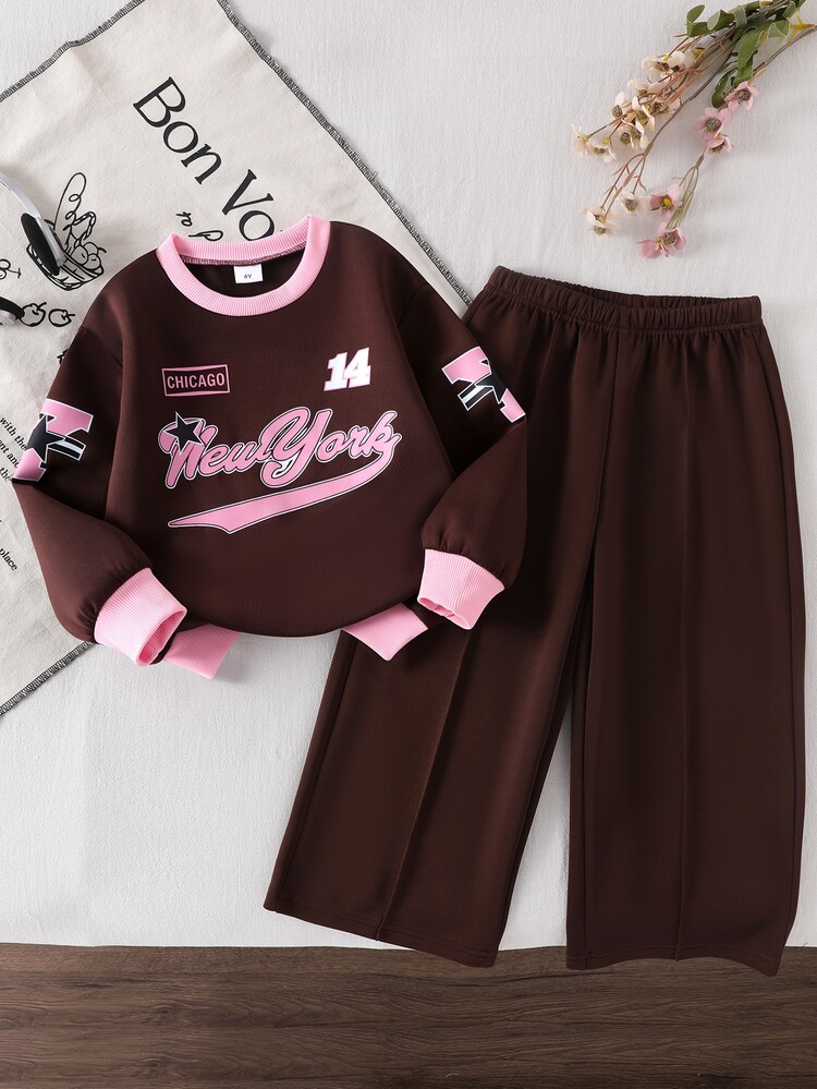 SHEIN Girls' Casual Fashion Academy California Digital 23 Graphic Long Sleeve Sweatshirt And Coffee Brown Pants 2 Pieces Set, Autumn/Winter College Style Crew Neck Long Sleeve Casual Sweatshirt Outfit - Coffee Brown - View 7