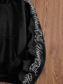 SWAVVY 男士休閒字母刺繡連帽衫 - 黑色 - 查看 4