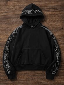 SWAVVY 男士休閒字母刺繡連帽衫 - 黑色 - 查看 1
