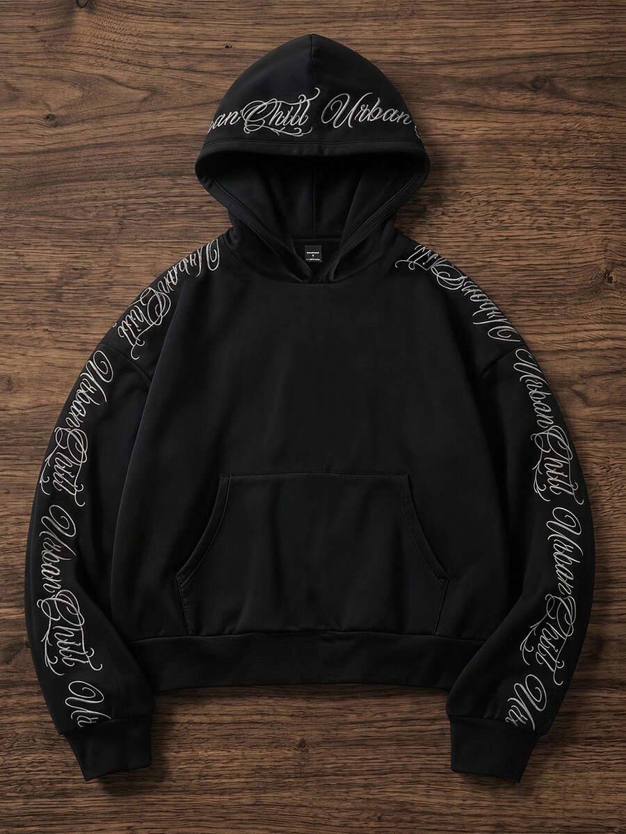 SWAVVY 男士休閒字母刺繡連帽衫 - 黑色 - 查看 1