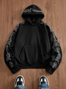 SWAVVY 男士休閒字母刺繡連帽衫 - 黑色 - 查看 6