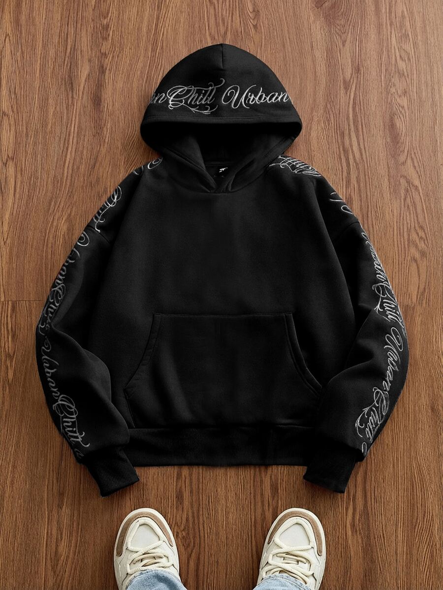 SWAVVY Men's Casual Letter Embroidered Hoodie - Black - View 1