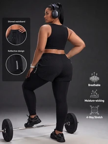 Powerista Women's Plus Size Summer And Spring Active Wear Black Color 2-In-1 Athletic Leggings With Active Shorts For Gym And Training - Black - View 3