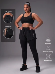 Powerista Women's Plus Size Summer And Spring Active Wear Black Color 2-In-1 Athletic Leggings With Active Shorts For Gym And Training - Black - View 2