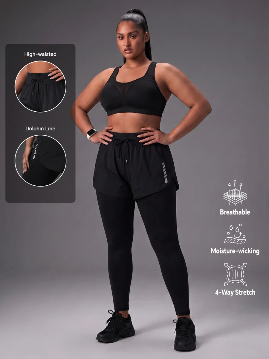 Powerista Women's Plus Size Summer And Spring Active Wear Black Color 2-In-1 Athletic Leggings With Active Shorts For Gym And Training