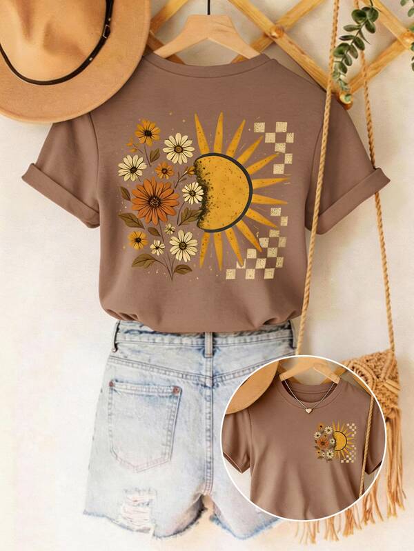 SHEIN LUNE T-shirt pour femmes, T-shirt à manches courtes avec imprimé graphique de style décontracté de rue, top d'été mignon pour femmes, décontracté, bohème, vacances d'été au printemps