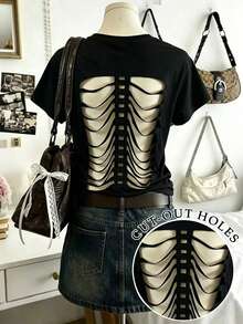 Collagica Collagica Punk Gothic Casual Skull Laser Cutout Loose Fit Women's T-Shirt Multi-Hole Detail Streetwear Short Sleeve Y2K Black Backless Halloween Nightout Summer - Black - View 1