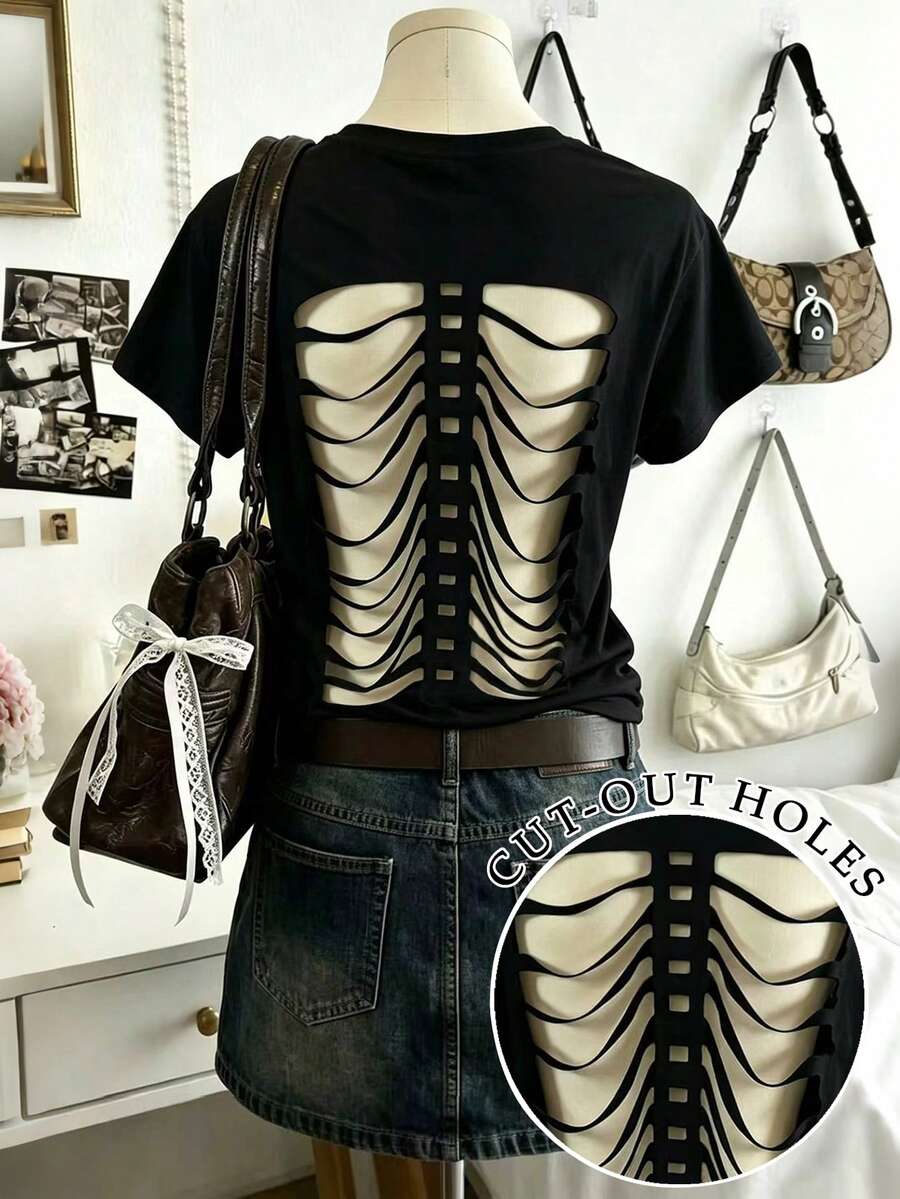 Collagica Collagica Punk Gothic Casual Skull Laser Cutout Loose Fit Women's T-Shirt Multi-Hole Detail Streetwear Short Sleeve Y2K Black Backless Halloween Nightout Summer - Black - View 1