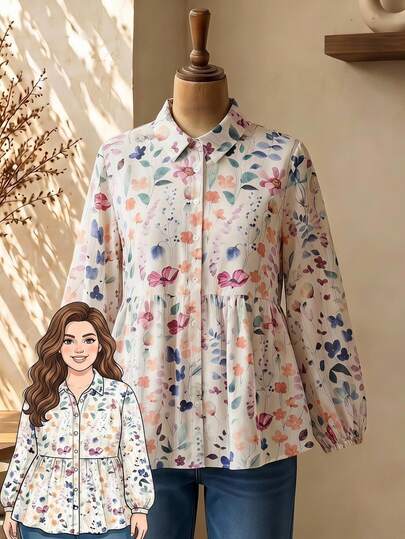 Rusticease เสื้อเชิ้ตผู้หญิงไซส์ใหญ่ ลายดอกไม้สีขาว ปกคอเสื้อ แขนโคมไฟ แต่งระบาย กระดุมหน้า สไตล์ลำลองโบฮีเมียนดั้งเดิม ยุค 1960 สำหรับวันหยุด ฤดูใบไม้ร่วง และมื้อสาย