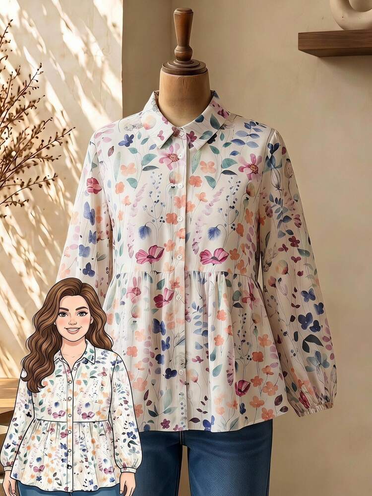 Rusticease Plus Size Women's Floral White Print Lapel Collar Lantern Sleeve Ruffle Trim Button Front Shirt Casual Boho 1960s Vacation Autumn Fashion 2026 Brunch - Multicolor - View 1