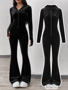 SHEIN 青少年女孩黑色與銀色Y2K天鵝絨連帽連身褲，冬季城市度假風水鑽拉鍊後背修身喇叭褲，青少年女孩喇叭褲秋季穿搭 - 黑色 - 查看 2