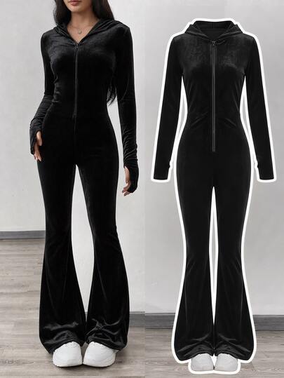 SHEIN Tween Girl Black And Silver Y2k Velvet Hooded Jumpsuit, Winter City Break Rhinestone Zipper Back Slim Flared Pants, Tween Girl Bell Bottoms Fall Outfits