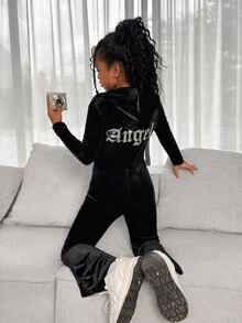 SHEIN 青少年女孩黑色與銀色Y2K天鵝絨連帽連身褲，冬季城市度假風水鑽拉鍊後背修身喇叭褲，青少年女孩喇叭褲秋季穿搭 - 黑色 - 查看 3