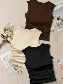 Comfortcana Women's Solid Color Swan Neck Pleated Casual Modest Tank Top Everyday Brown Summer Everyday - Multicolor - View 2