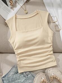 Comfortcana Women's Solid Color Swan Neck Pleated Casual Modest Tank Top Everyday Brown Summer Everyday - Multicolor - View 4