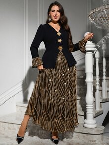 SHEIN Clasi 大尺碼前開鈕扣上衣與金色印花裙 - 彩色 - 查看 3