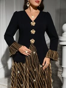SHEIN Clasi 大尺碼前開鈕扣上衣與金色印花裙 - 彩色 - 查看 5