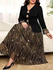 SHEIN Clasi 大尺碼前開鈕扣上衣與金色印花裙 - 彩色 - 查看 1
