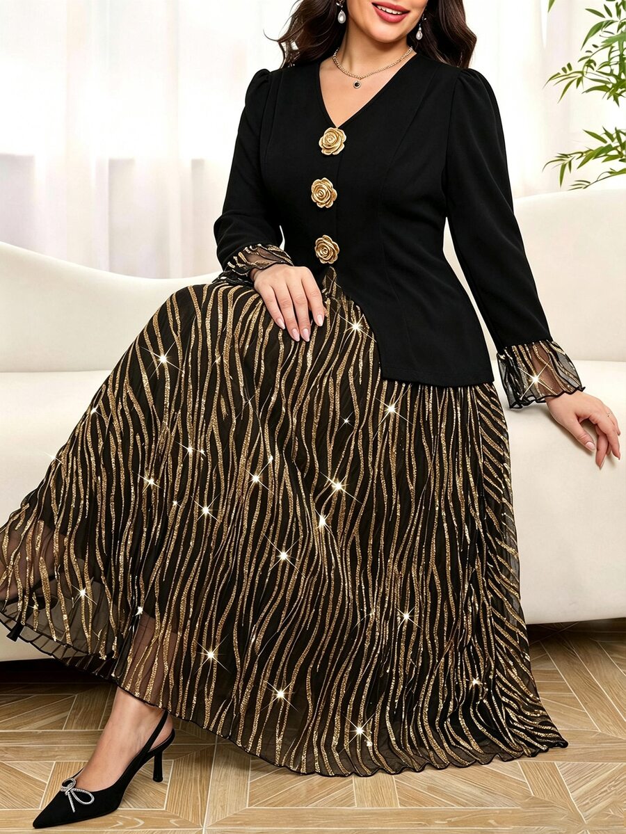 SHEIN Clasi 大尺碼前開鈕扣上衣與金色印花裙 - 彩色 - 查看 1