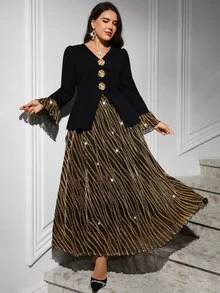 SHEIN Clasi 大尺碼前開鈕扣上衣與金色印花裙 - 彩色 - 查看 6