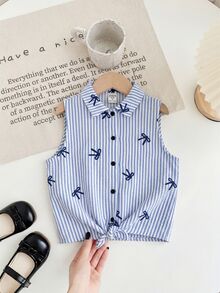 SHEIN 女童编织条纹短款休闲衬衫 - 藍色 - 查看 3