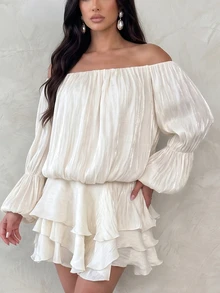 Privoire Women's Solid Color Off-Shoulder Long Sleeve Short Dress - Apricot - View 6