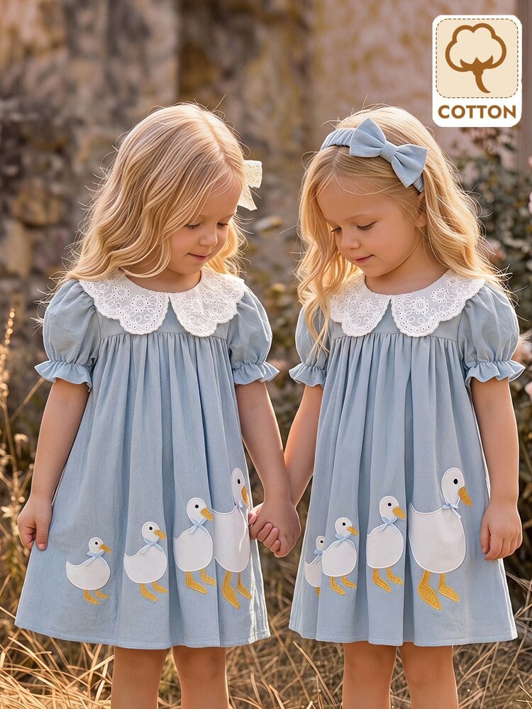 Young Girl Young Girl Young Girl Young Girl Woven Solid Color Peter Pan Collar Petal Sleeve Casual Dress - Blue - View 1