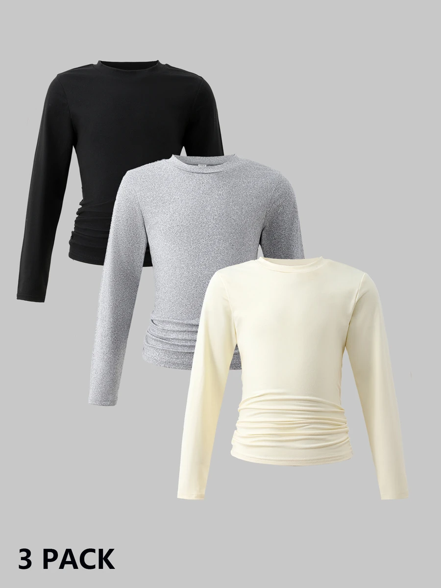 SHEIN Tween Girl) Casual Ruched Waist Round Neck Short Slim Fit Long Sleeve T-Shirt 3-Color Pack - Multicolor - View 1