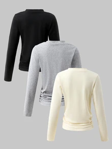 SHEIN Tween Girl) Casual Ruched Waist Round Neck Short Slim Fit Long Sleeve T-Shirt 3-Color Pack - Multicolor - View 2