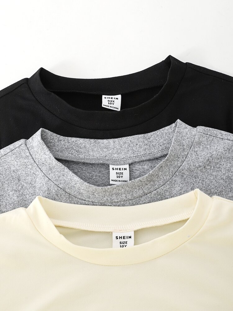 SHEIN Áo thun tay dài ôm dáng cổ tròn eo nhún phong cách thường ngày cho bé gái Tween, set 3 màu - Nhiều màu - Xem 8