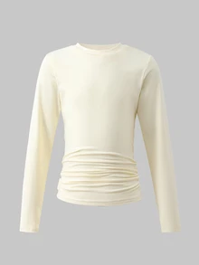 SHEIN Tween Girl) Casual Ruched Waist Round Neck Short Slim Fit Long Sleeve T-Shirt 3-Color Pack - Multicolor - View 3
